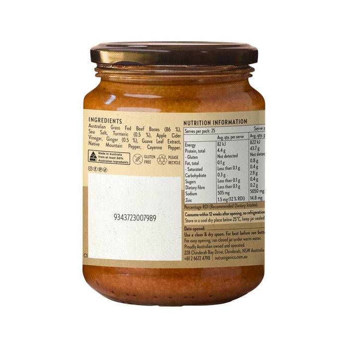 Nutra Organics beef bone broth concentrate with turmeric and ginger in 250g jar, showcasing the product label and packaging.