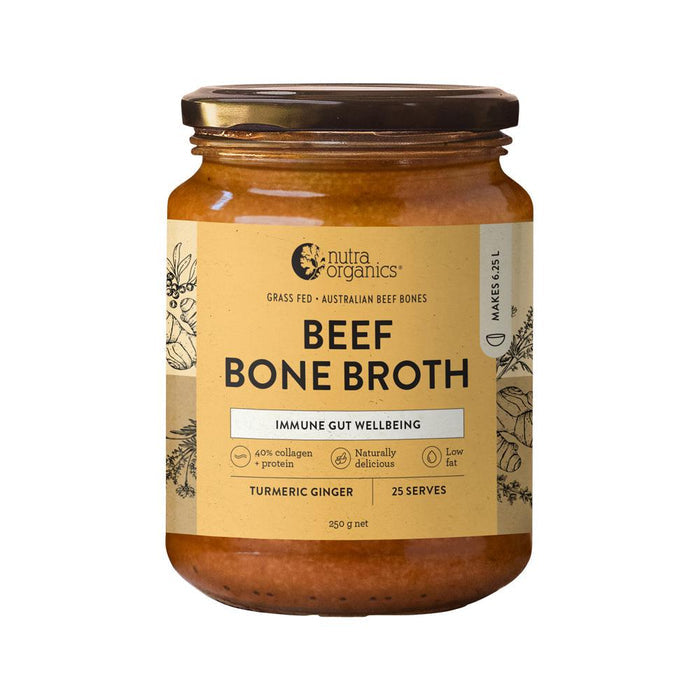 Nutra Organics beef bone broth concentrate with turmeric and ginger in a 250g jar, showing the product packaging and label.