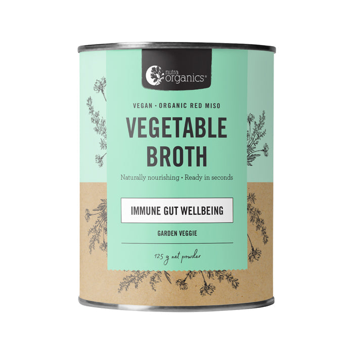 Alkaline World Nutra Organics Vegetable Garden Broth in 125g package, featuring fresh vegetable ingredients in a clear container.
