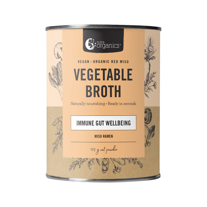 Nutra Organics vegetable miso ramen broth in 125g package, showing the flavorful, natural vegetable broth for ramen cooking.