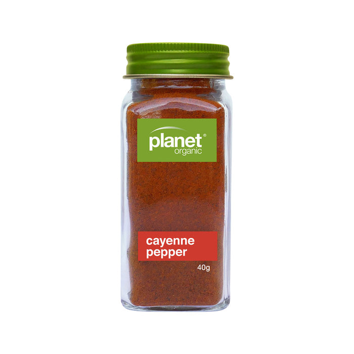 Planet Organic ground cayenne pepper in 40g shaker jar with red chili pepper image on label.
