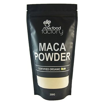 Raw Food Factory organic maca powder in a 200g package, showing the light brown powdered supplement in a resealable bag.