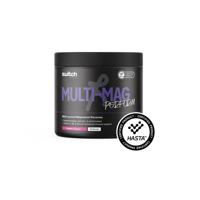 Switch Nutrition Perform Multi-Mag Raspberry magnesium powder in a 150g container, showing the vibrant raspberry flavor packaging.
