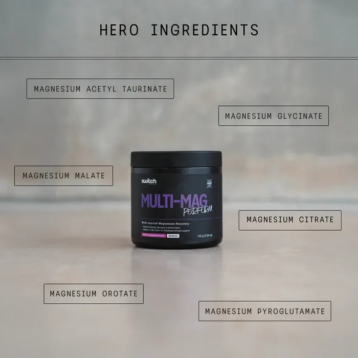 Switch Nutrition Perform Multi-Mag Raspberry magnesium powder in a 150g container, with raspberry flavor and supplement packaging visible.