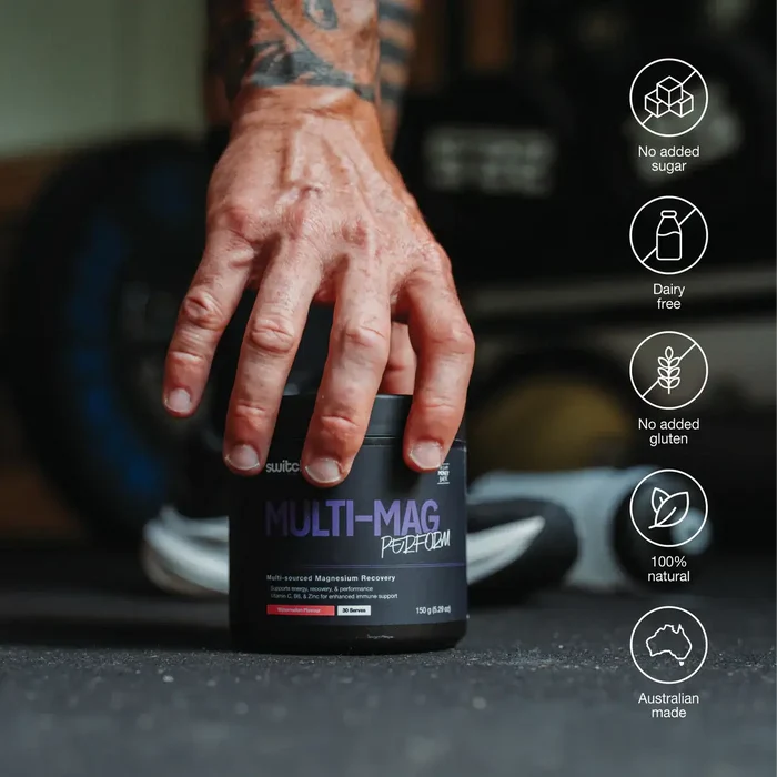 Switch Nutrition Perform Multi-Mag Raspberry magnesium powder in a 150g container, featuring raspberry flavor and supplement packaging.