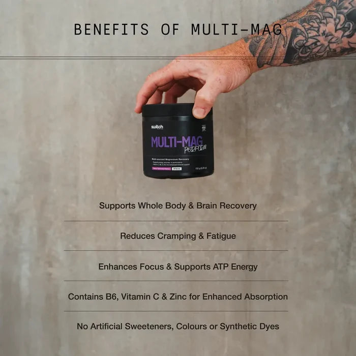 Switch Nutrition Perform Multi-Mag Raspberry magnesium powder in a 150g container, featuring a vibrant raspberry flavor.