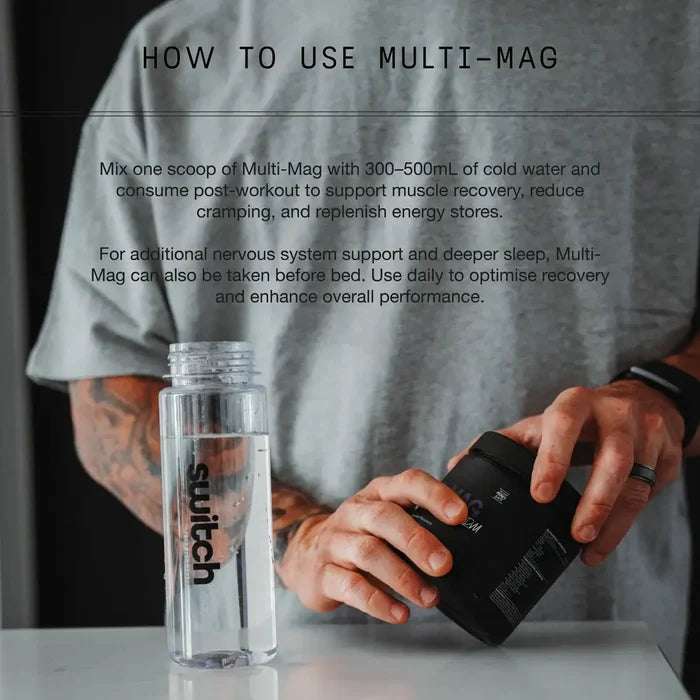 Switch Nutrition Perform Multi-Mag Raspberry magnesium powder in a 150g container, showing the raspberry-flavored supplement.