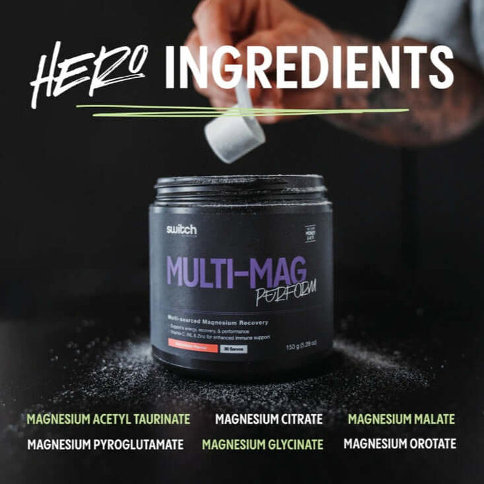 Switch Nutrition Perform Multi-Mag Raspberry magnesium powder in a 150g container, featuring raspberry flavor and supplement packaging.