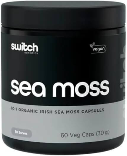 Switch Nutrition Sea Moss Capsules, 60 organic Irish sea moss capsules in a clear bottle with a white label.